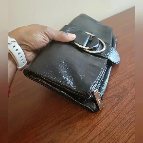 HOBO International Fold-over Black Patent Leather Clutch Silver Buckle Accent - Picture 3 of 10